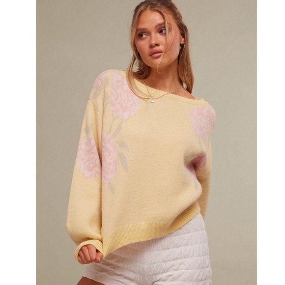 Floral Print Yellow Knit Round Neck Long Sleeve Pullover Sweater - Picture 4 of 6